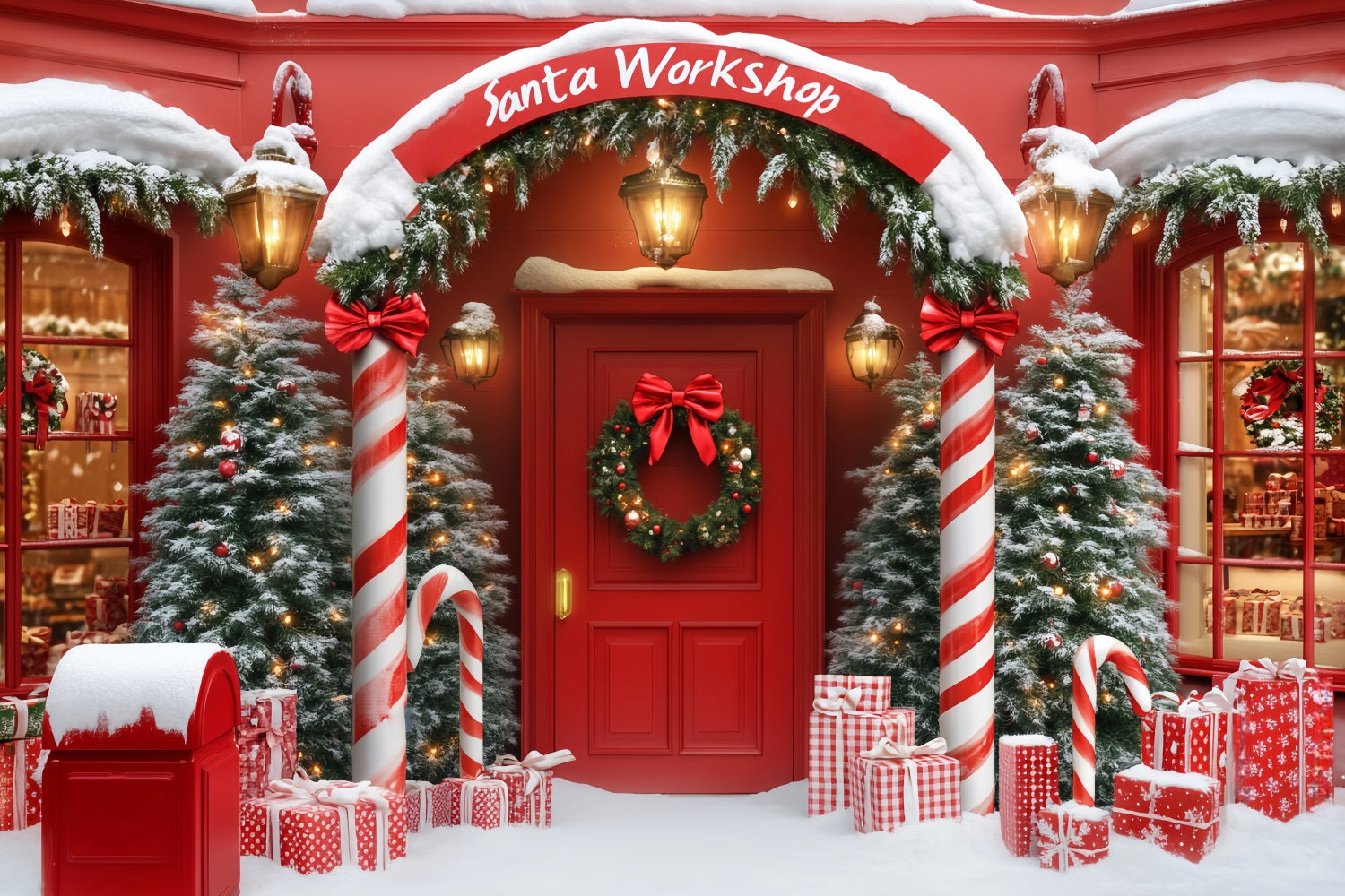Santa Workshop Backdrop Christmas Shop Arch Entrance Red Christmas Backdrop UK LXX59-161