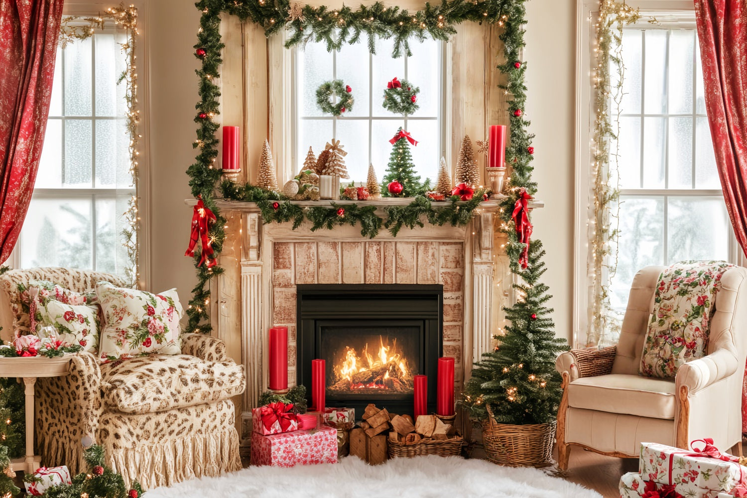 Candyland Backdrop Fireplace Cozy Holiday Room Christmas Backdrops UK LXX59-163