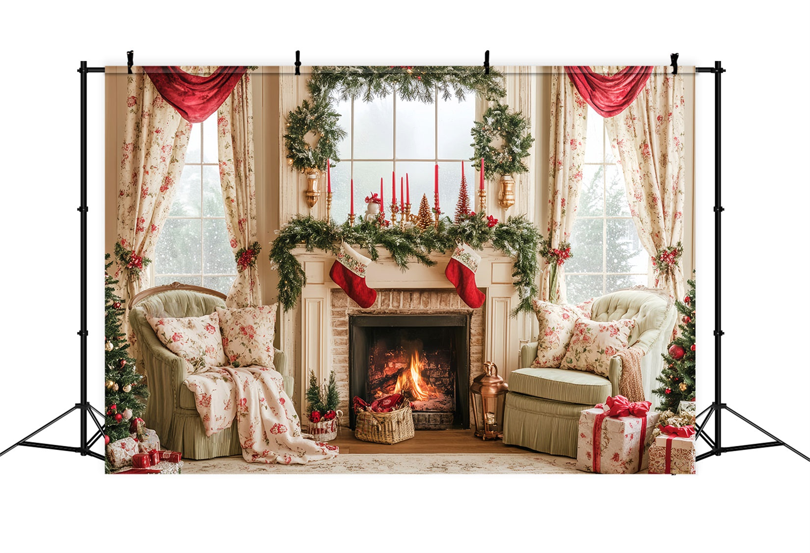 Candyland Backdrop Stockings Vintage Fireplace Mantel Christmas Photo Backdrop UK LXX59-164