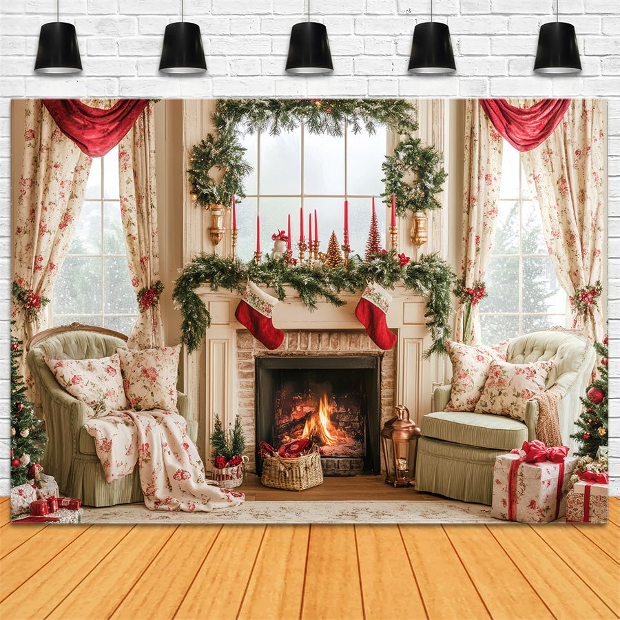 Candyland Backdrop Stockings Vintage Fireplace Mantel Christmas Photo Backdrop UK LXX59-164