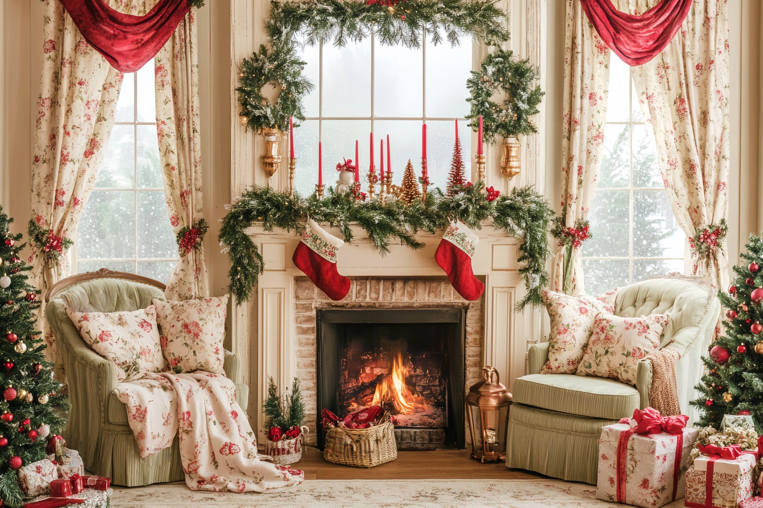 Candyland Backdrop Stockings Vintage Fireplace Mantel Christmas Photo Backdrop UK LXX59-164