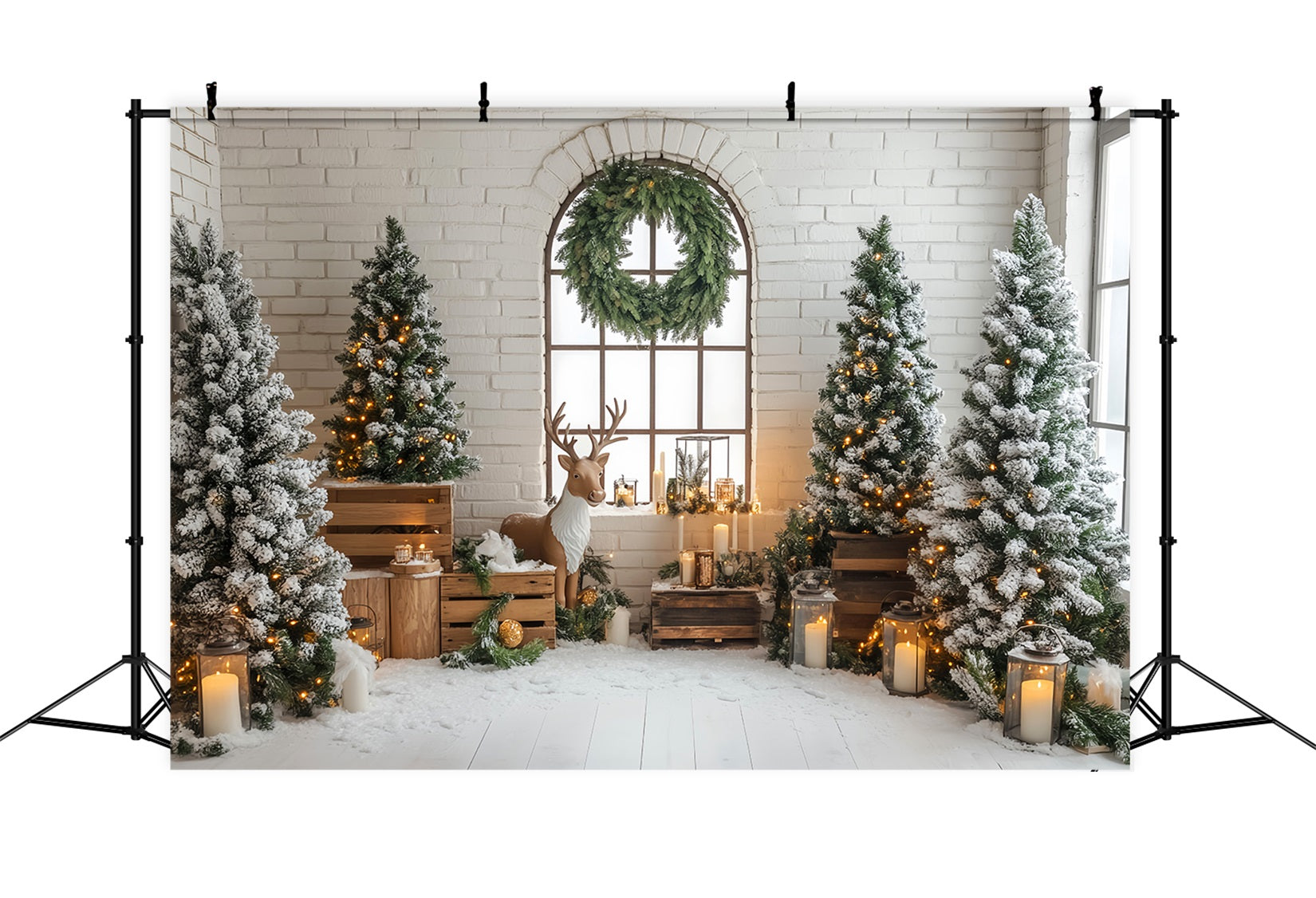 Christmas Tree Backdrop Rustic Reindeer Snowy Pine Lanterns Christmas Backdrop UK LXX59-170