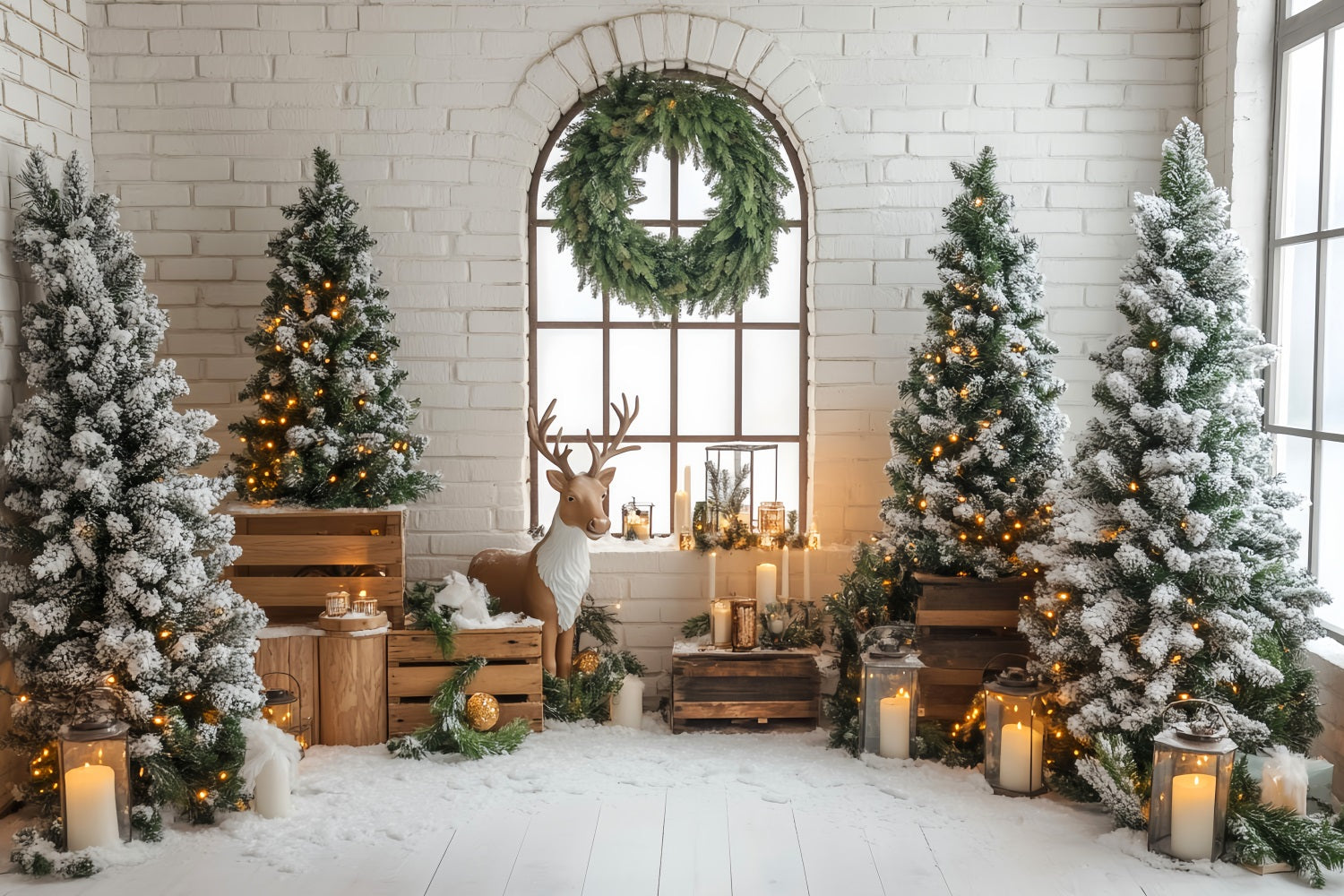 Christmas Tree Backdrop Rustic Reindeer Snowy Pine Lanterns Christmas Backdrop UK LXX59-170