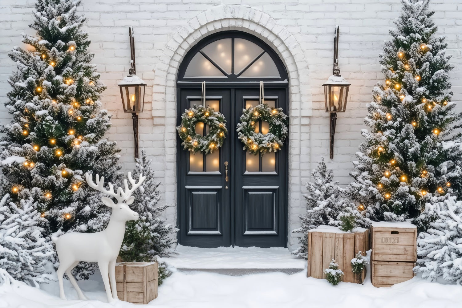 Christmas Tree Backdrop Frosted Pines Winter Wreath Door Christmas Backdrops UK LXX59-171
