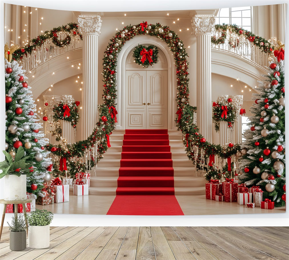 Christmas Tree Backdrop Staircase Garland Red Ornaments Christmas Photo Backdrop UK LXX59-172