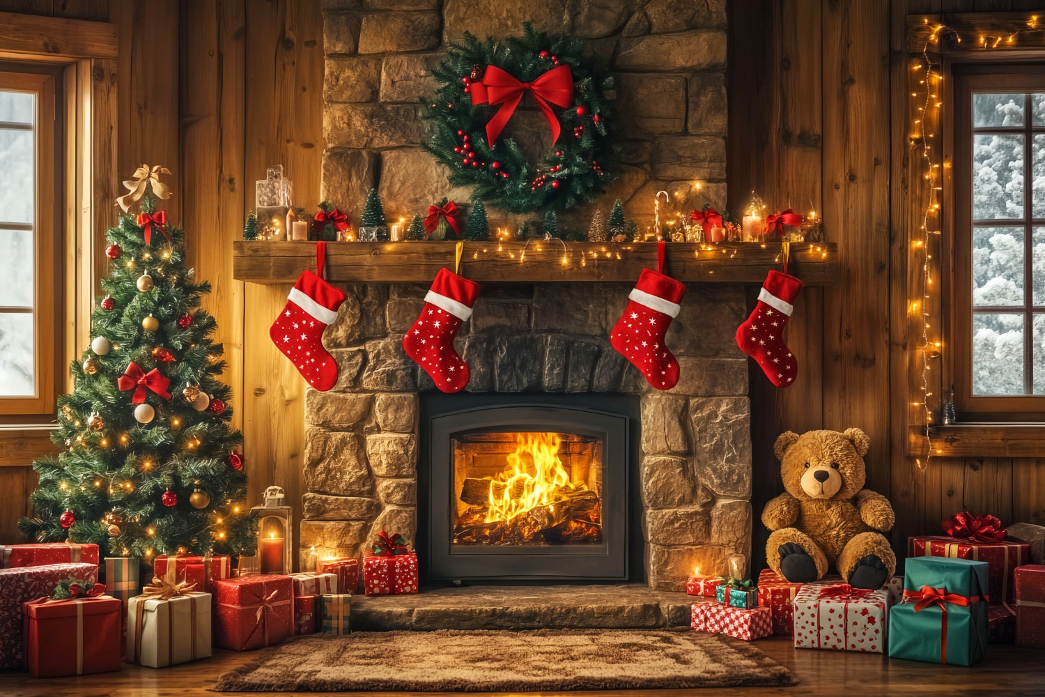Christmas Fireplace Backdrop Stockings Garland Christmas Backdrop for Photos UK LXX59-173