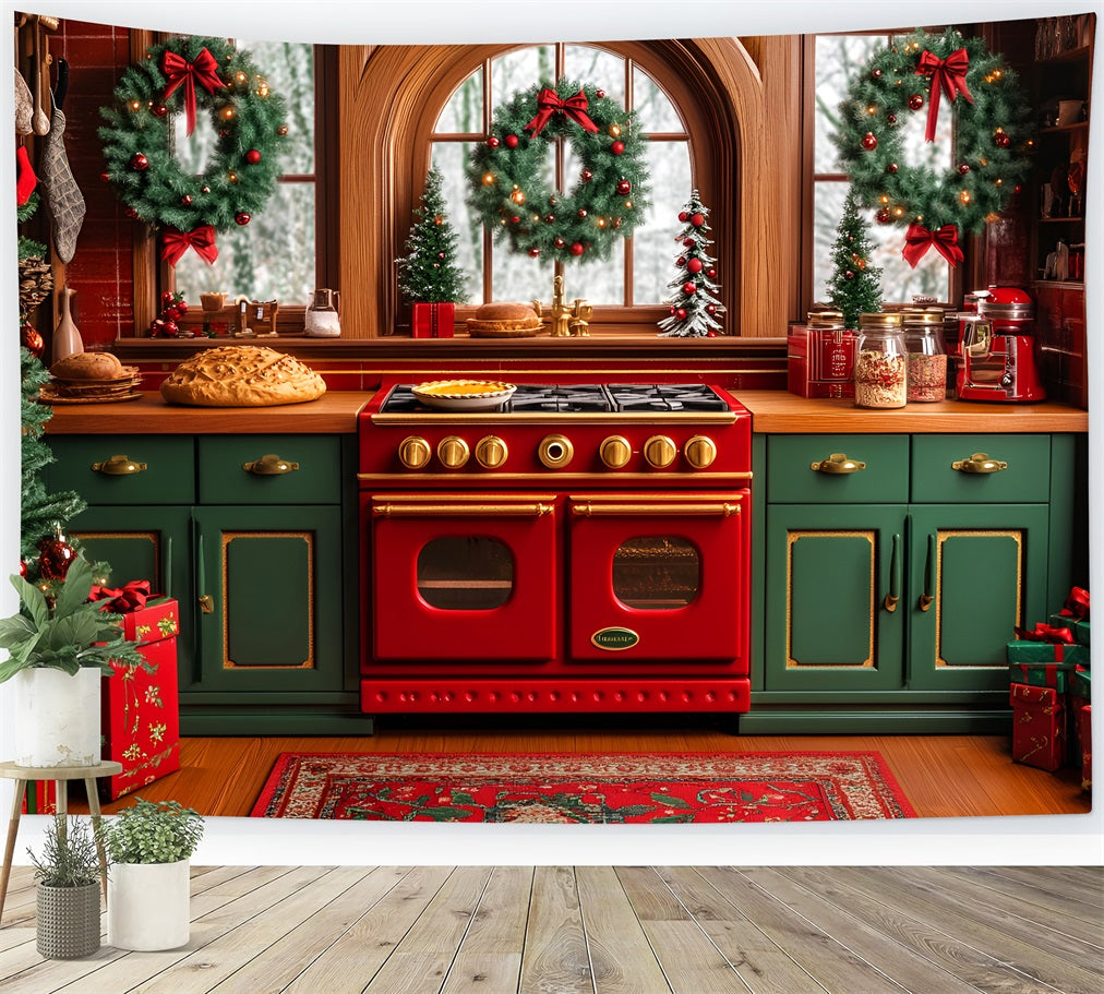 Christmas Kitchen Backdrop Festive Wreaths Oven Christmas Photo Backdrops UK LXX59-175