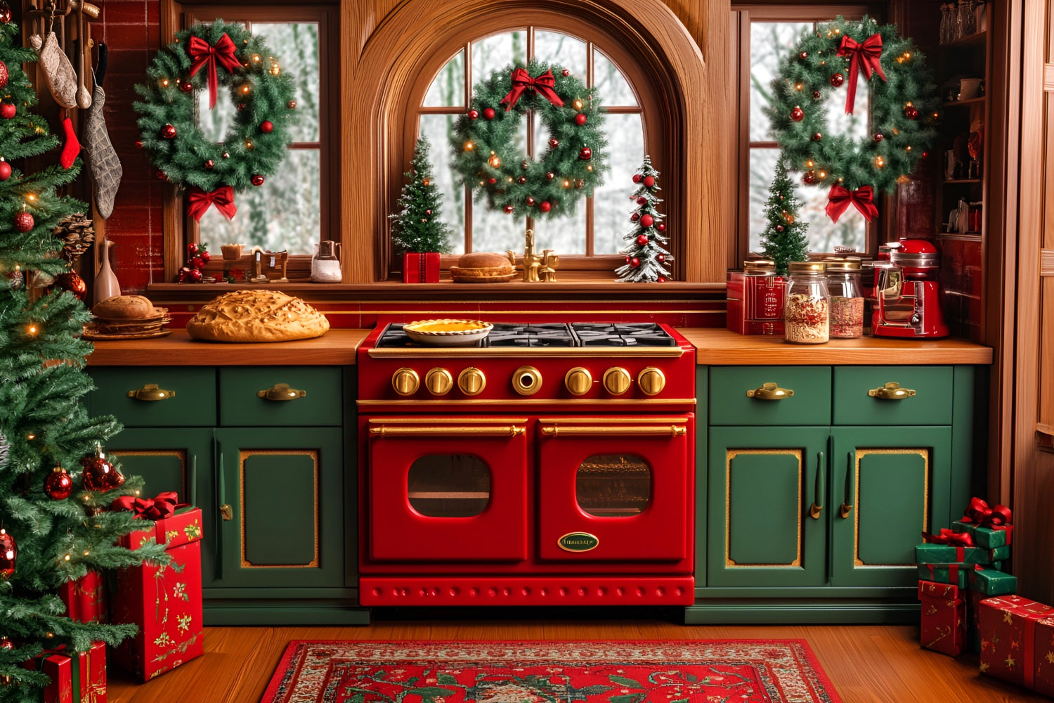 Christmas Kitchen Backdrop Festive Wreaths Oven Christmas Photo Backdrops UK LXX59-175