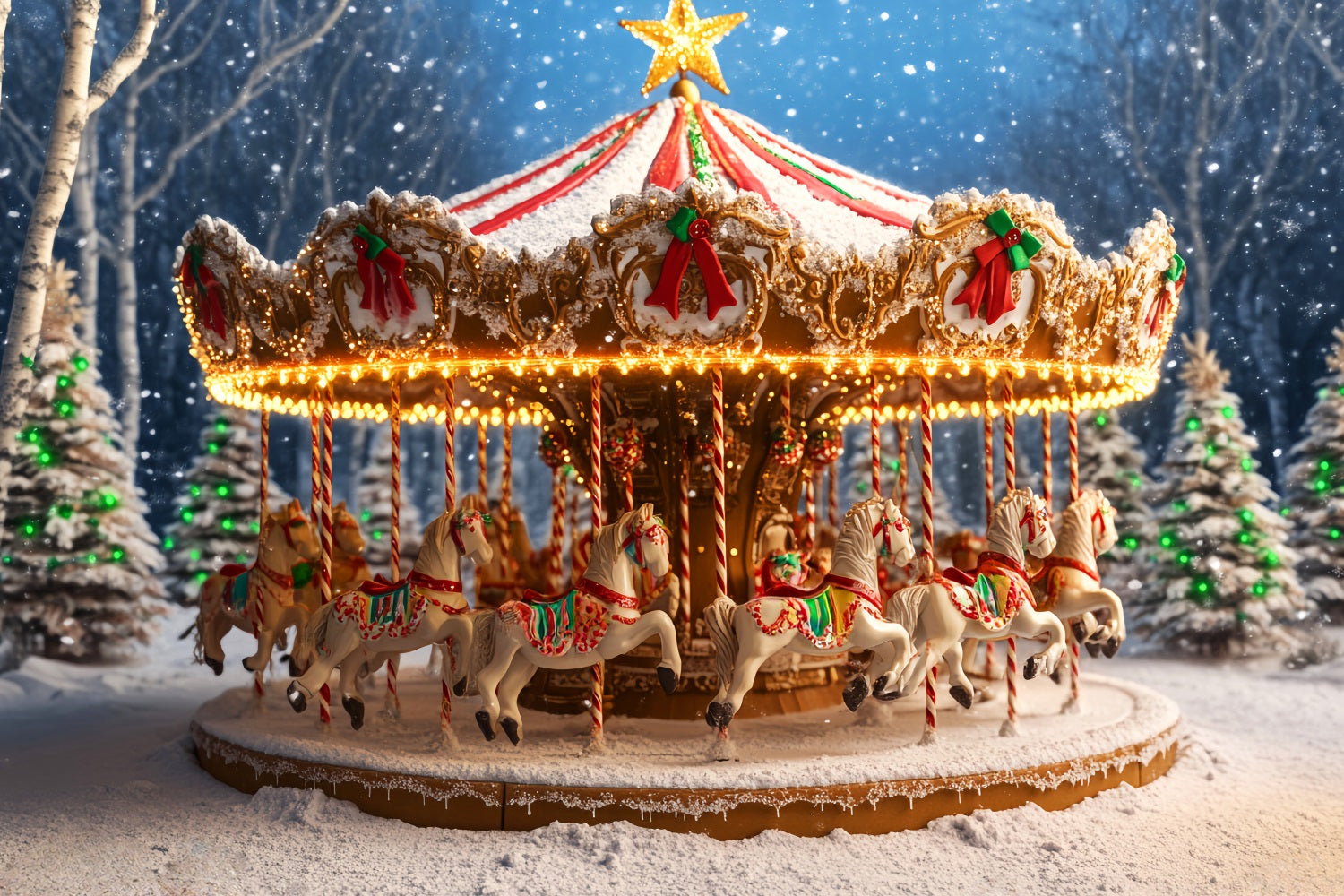 Gingerbread Backdrop Snowy Carousel Horse Ride Christmas Photography Backdrops UK LXX59-177