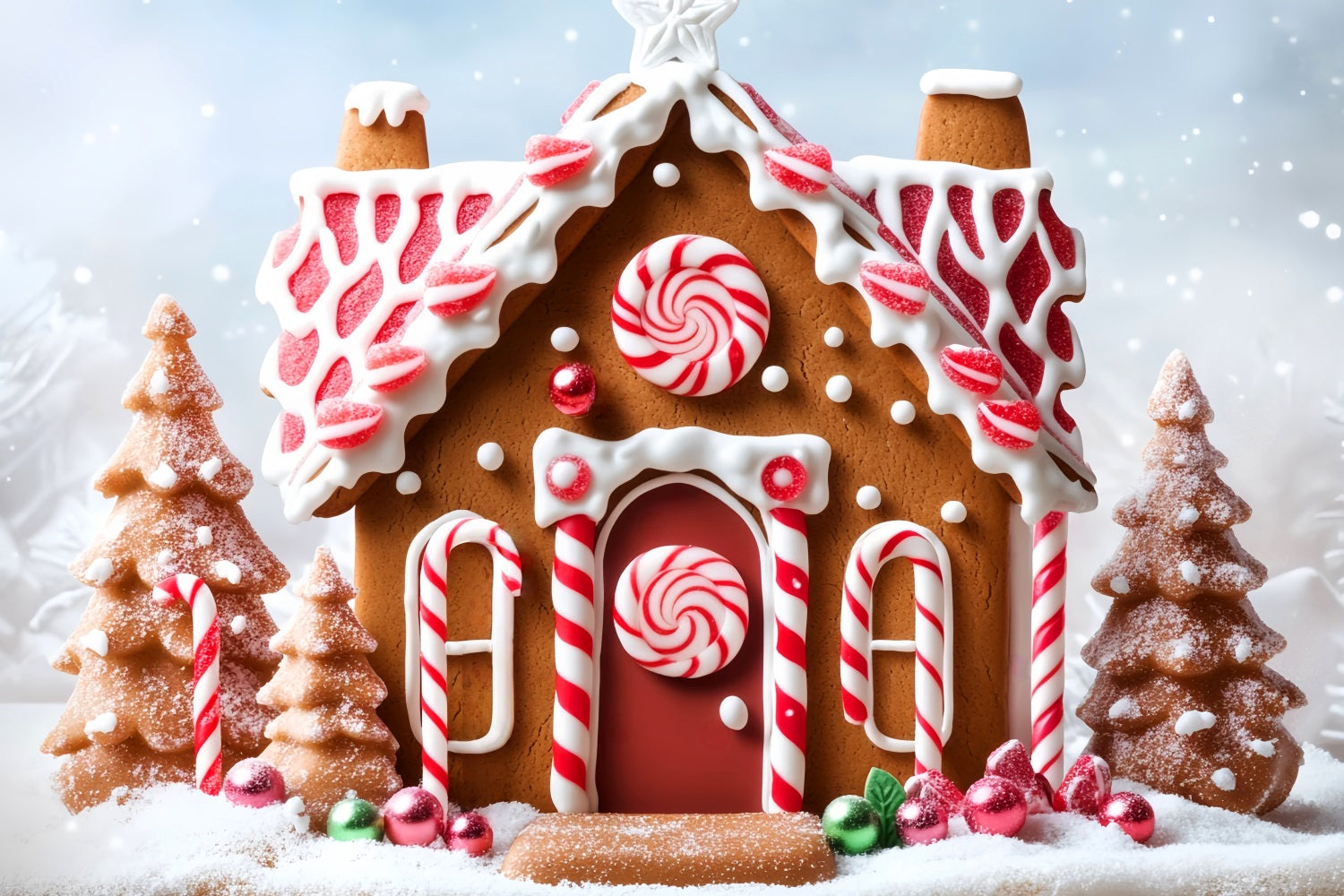 Gingerbread House Backdrop Snow Candy Peppermint Christmas Backdrop Ideas UK LXX59-178