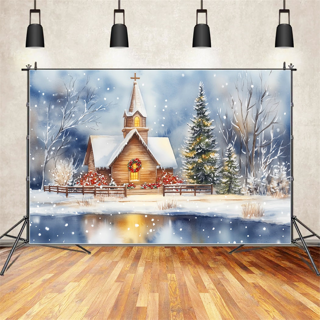 Christmas Church Backdrop Snowy Chapel Lakeside Reflection Christmas Backdrops UK LXX59-185