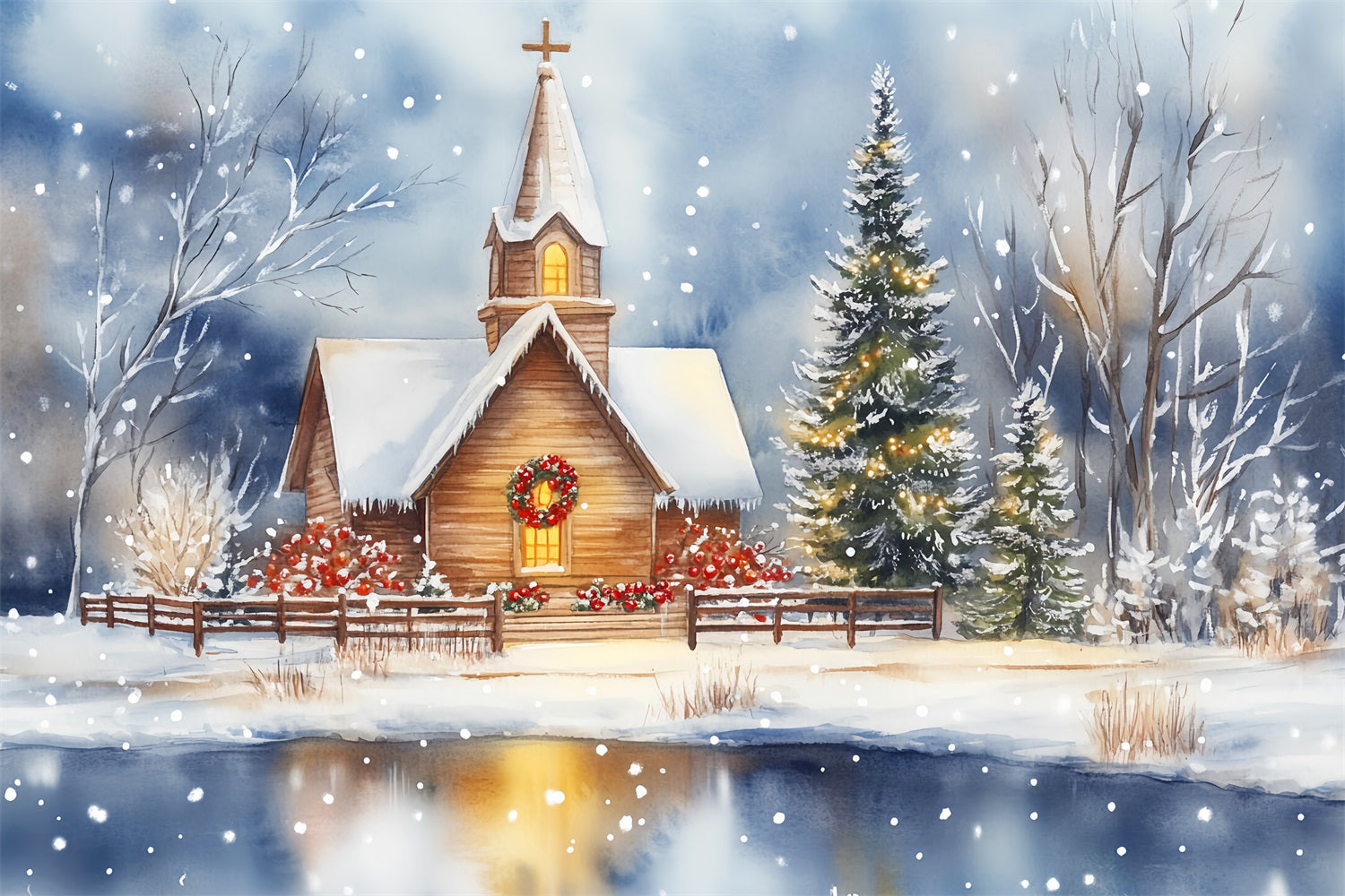 Christmas Church Backdrop Snowy Chapel Lakeside Reflection Christmas Backdrops UK LXX59-185