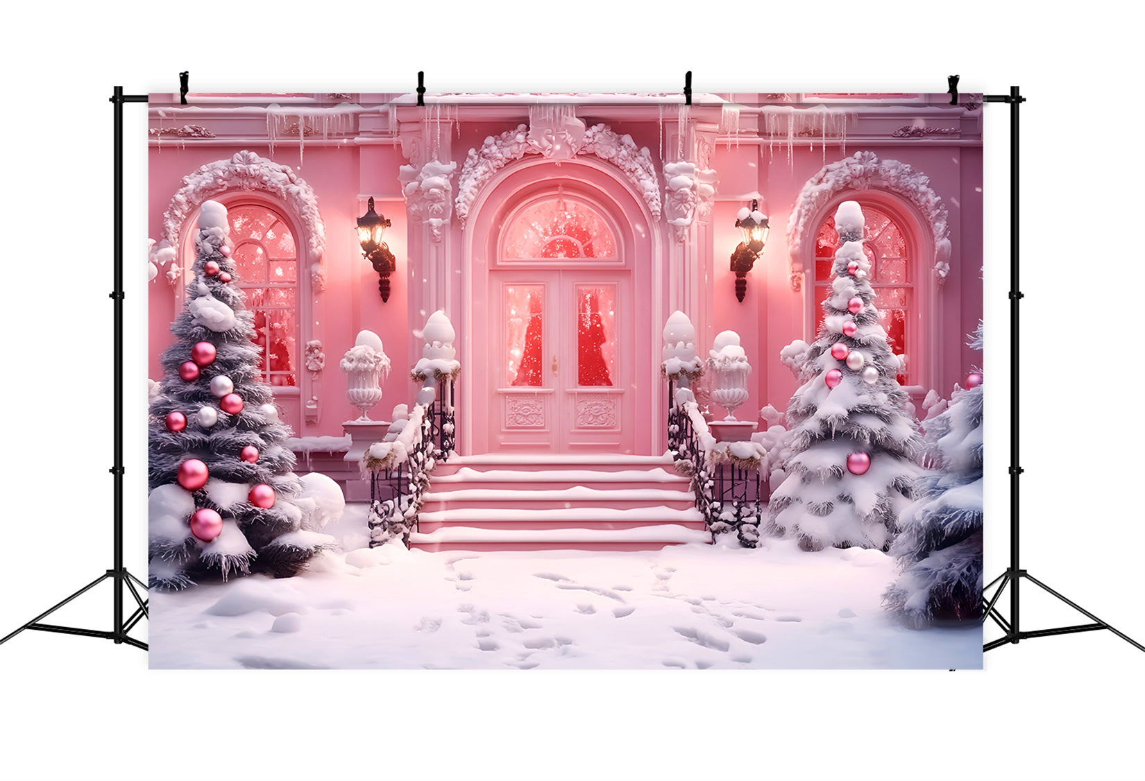 Toy Store Backdrop Christmas Shop Snowy Entrance Pink Christmas Backdrop UK LXX59-190