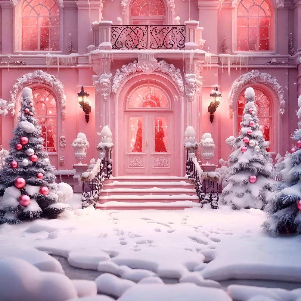 Toy Store Backdrop Christmas Shop Snowy Entrance Pink Christmas Backdrop UK LXX59-190