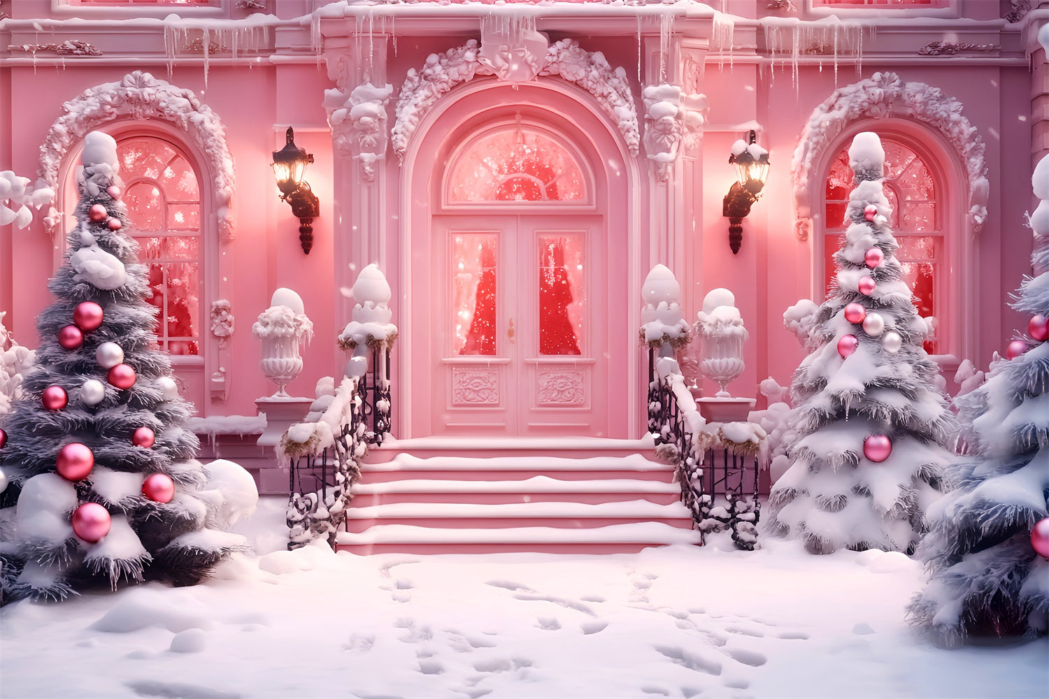 Toy Store Backdrop Christmas Shop Snowy Entrance Pink Christmas Backdrop UK LXX59-190