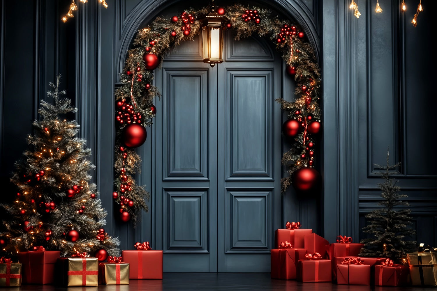 Red Christmas Backdrop Elegant Door Garland Professional Christmas Backdrops UK LXX59-201