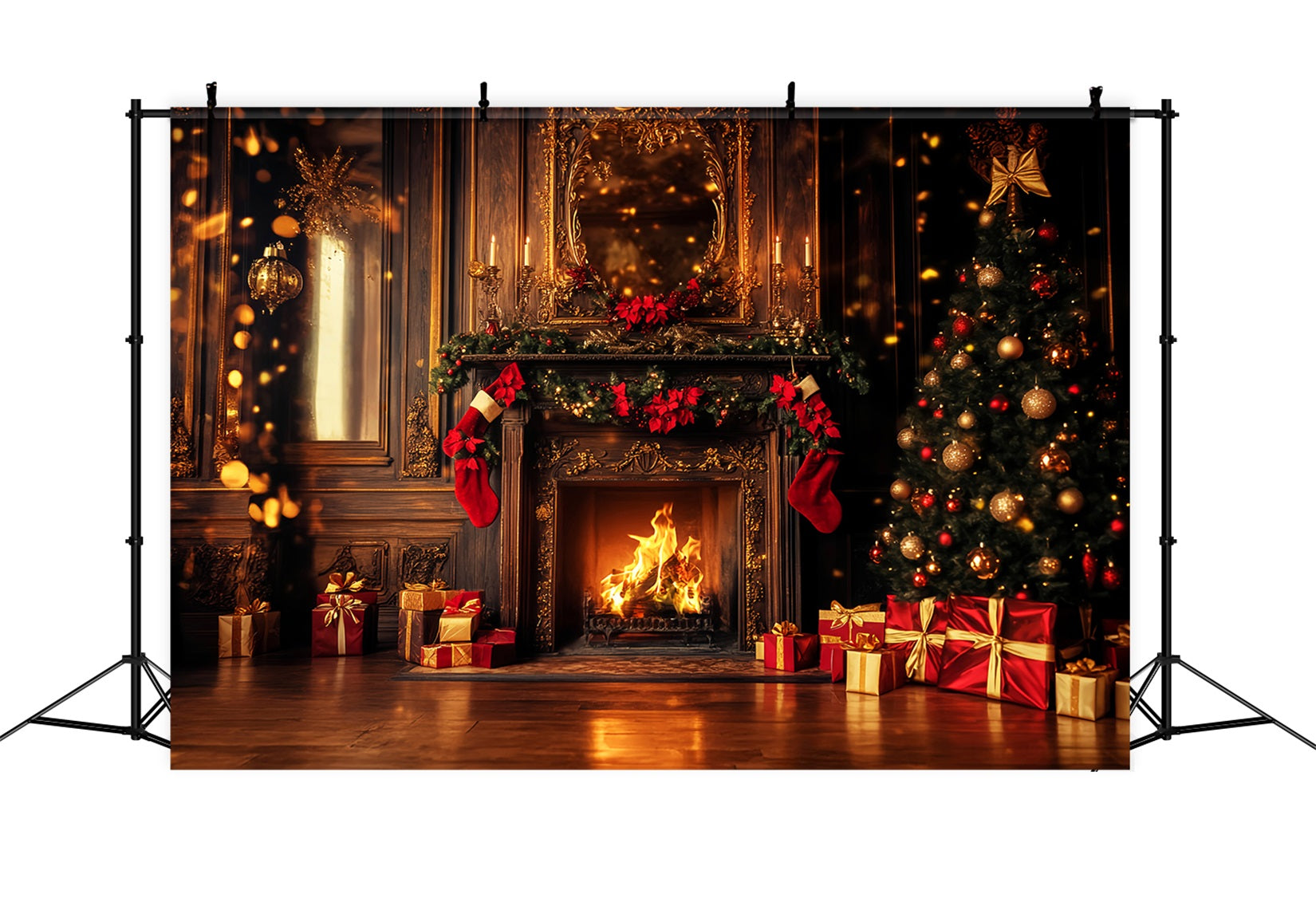 Red Christmas Backdrop Golden Fireplace Stockings Glow Christmas Backdrop UK LXX59-202