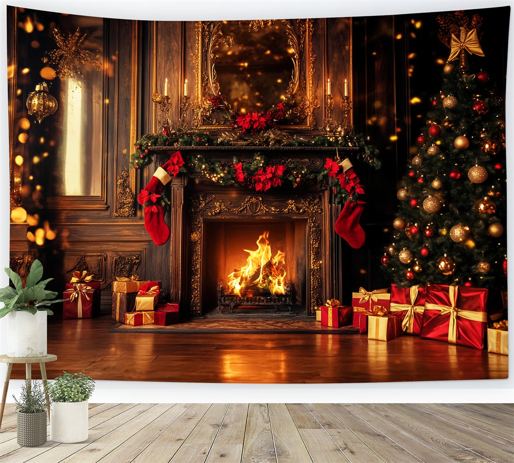 Red Christmas Backdrop Golden Fireplace Stockings Glow Christmas Backdrop UK LXX59-202