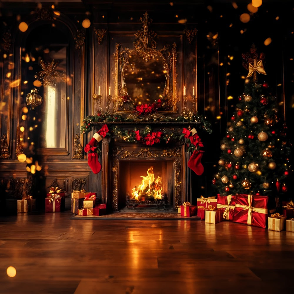 Red Christmas Backdrop Golden Fireplace Stockings Glow Christmas Backdrop UK LXX59-202
