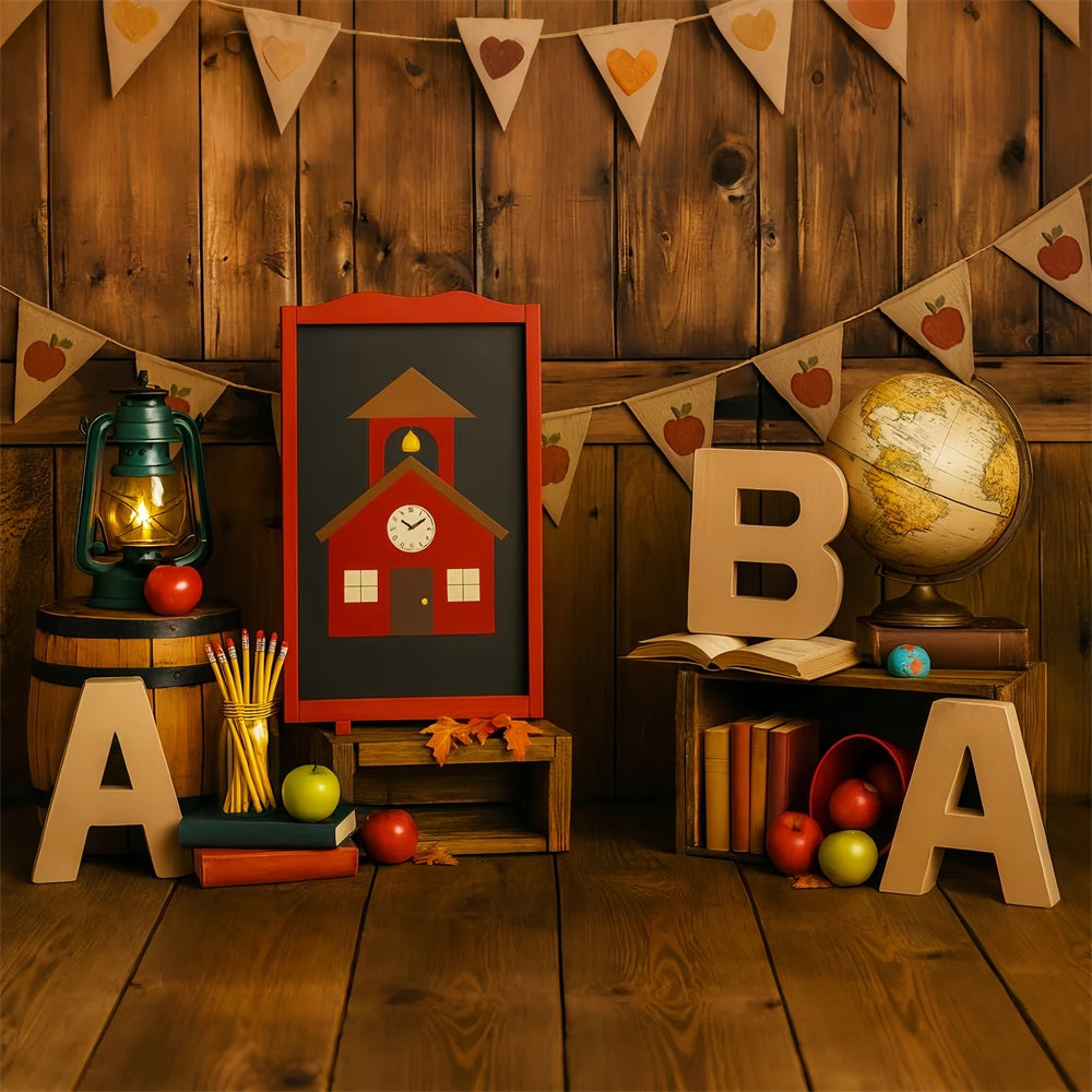 Back To School Backdrop Rustic Classroom Globe Apples School Picture Backdrop UK LXX59-207