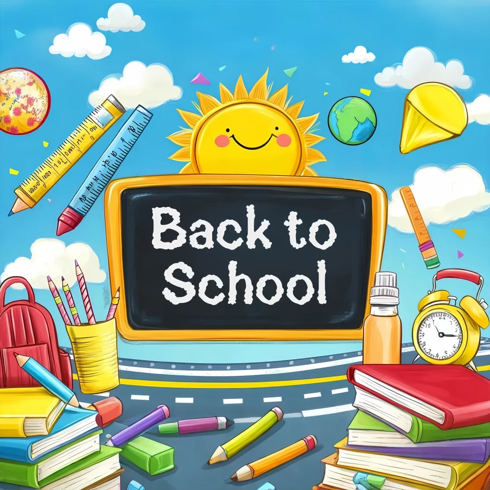 Back To School Backdrop Cartoon Blackboard Sun Supplies Preschool Photo Backdrops UK LXX59-208