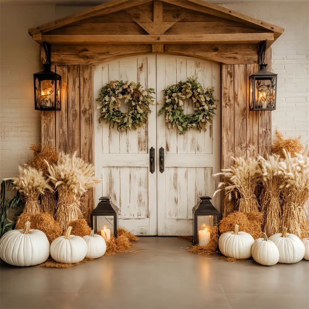 Barn Door Backdrop Rustic White Pumpkins Lanterns Fall Backdrop UK LXX59-259