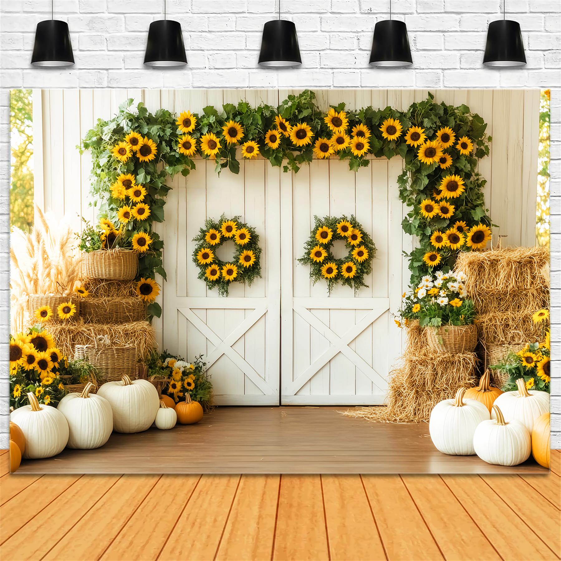 Barn Door Backdrop Sunflower Pumpkin Harvest Fall Photography Backdrops UK LXX59-262
