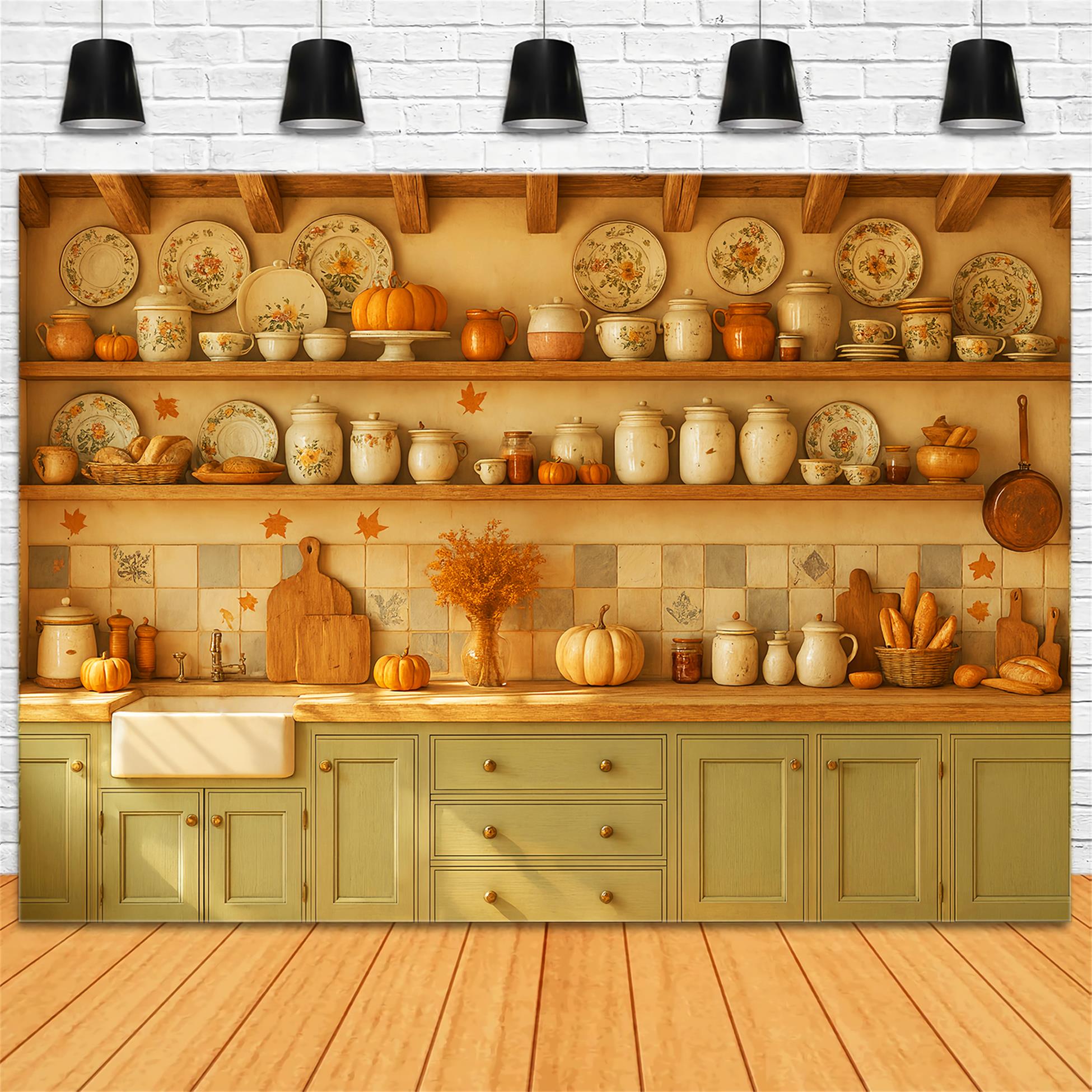 Kitchen Backdrop Vintage Autumn Kitchen Setup Fall Photo Backdrop UK LXX59-270