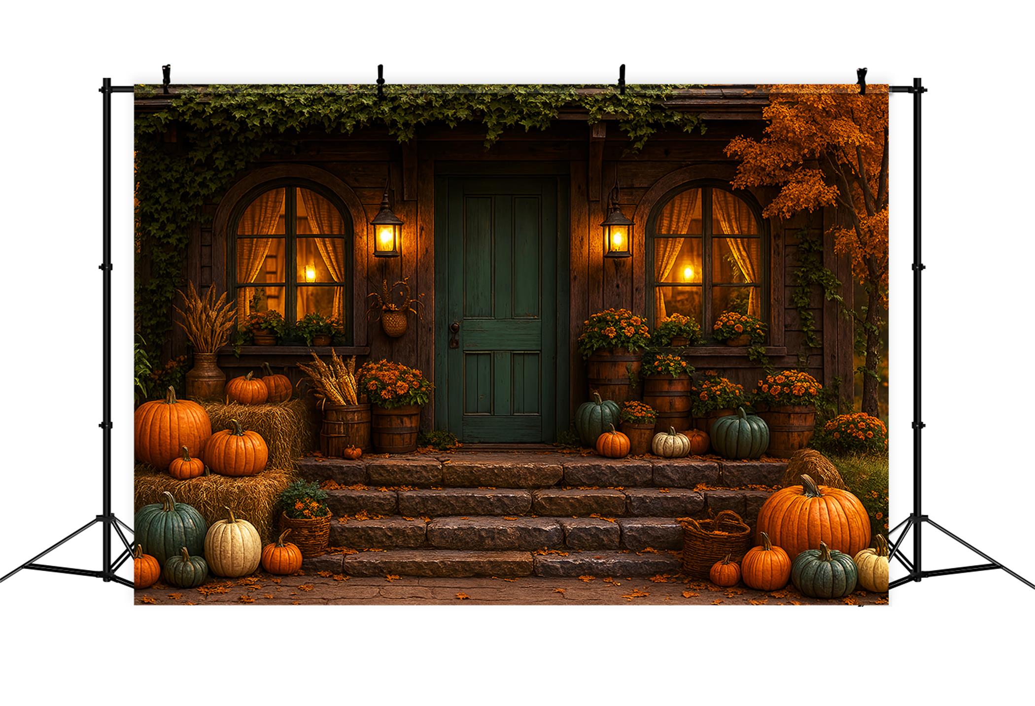 Rustic Backdrop Cozy Autumn Porch Pumpkins Fall Photography Backdrops UK LXX59-279