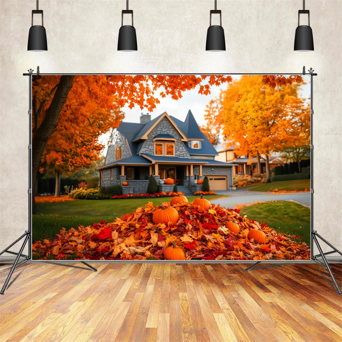 Fall Packdrop Fall Outdoor Backdrop Autumn House Pumpkin Pile Fall Leaves Backdrop U