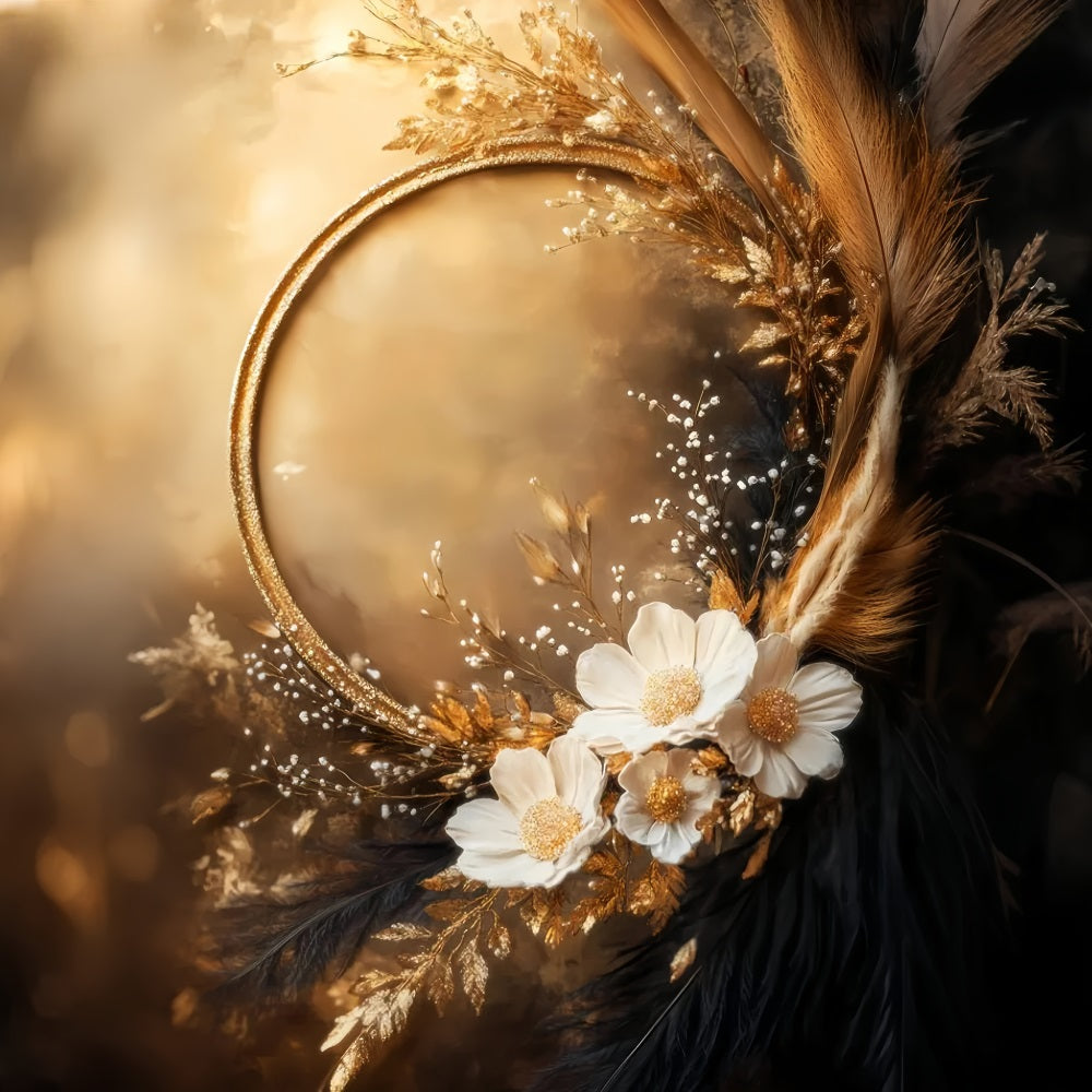 Boho Backdrop Elegant Golden Floral Frame Autumn Fall Backdrop UK LXX59-295