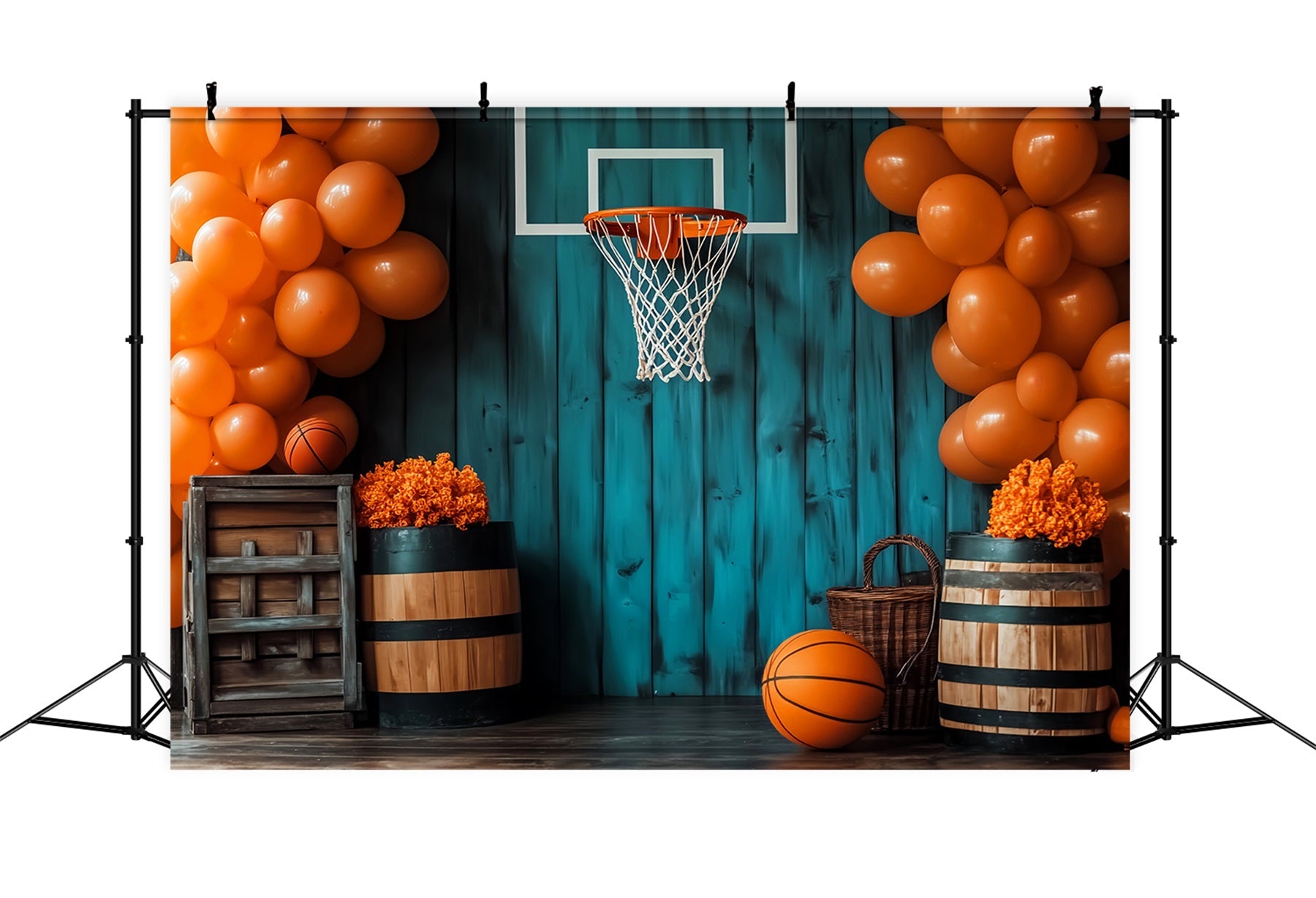 Sports Backdrop Rustic Basketball Hoop Balloons Basketball Backdrop UK LXX59-313