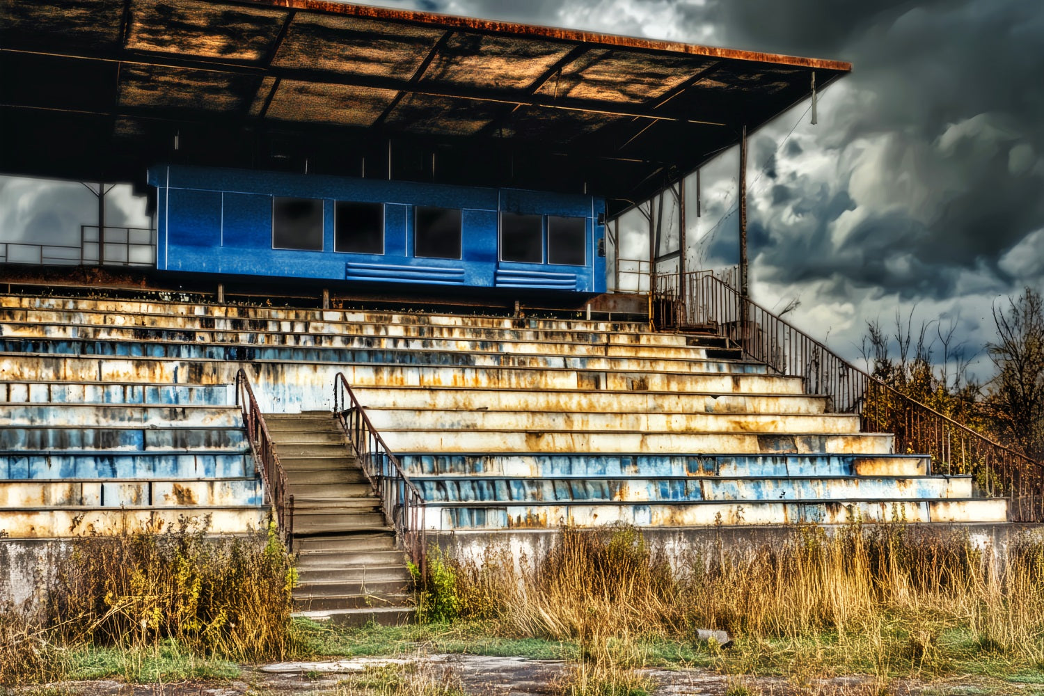 Sports Backdrop Rusty Bleachers Stormy Sky Sports Backdrops for Photography UK LXX59-336