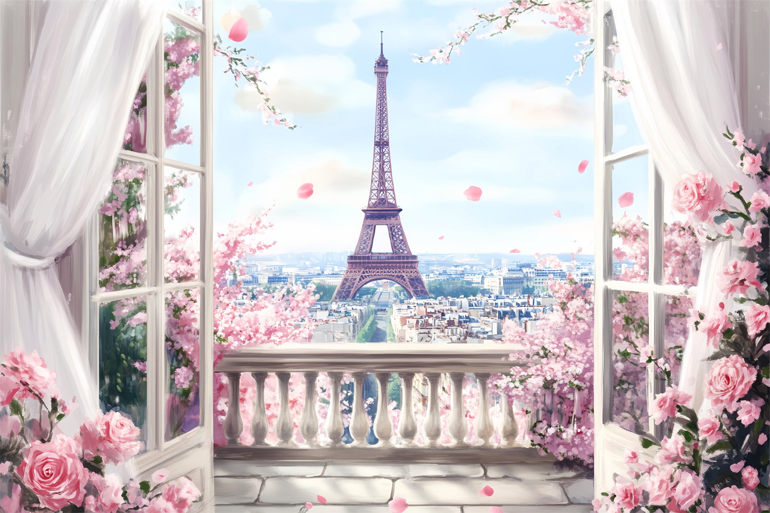 Paris Backdrops Spring Balcony Eiffel View Eiffel Tower Paris Backdrop UK LXX59-46