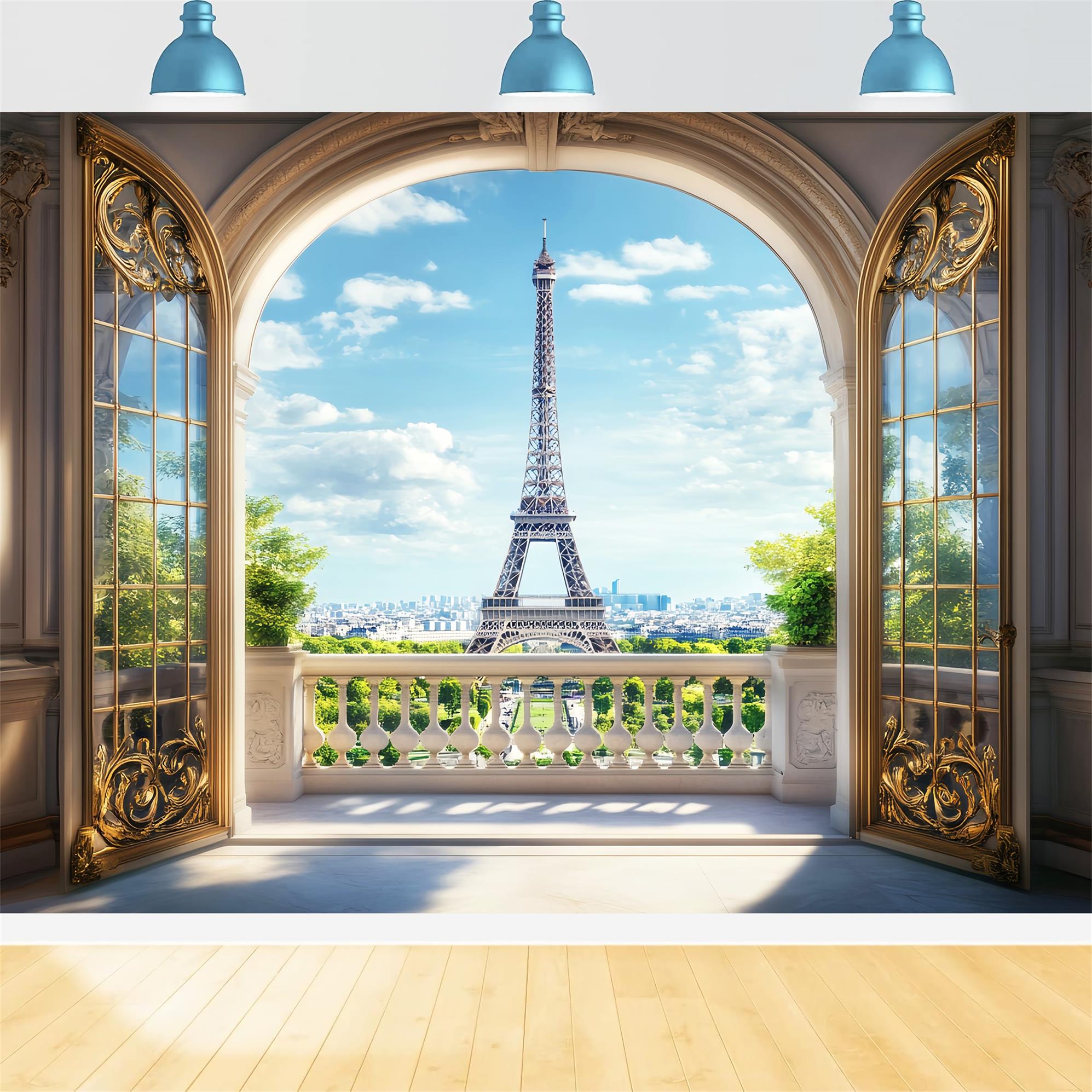 Paris Backdrops Golden Archway Eiffel View Paris Backdrop for Pictures UK LXX59-70