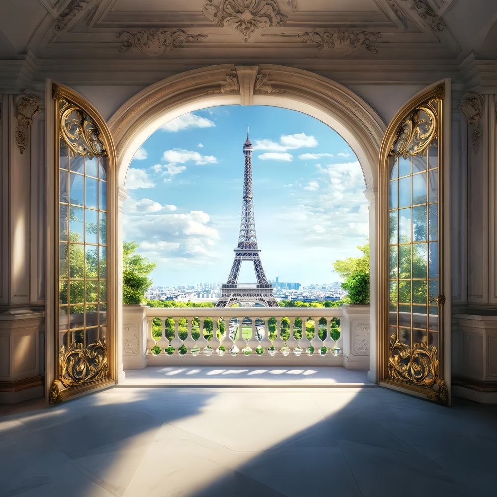 Paris Backdrops Golden Archway Eiffel View Paris Backdrop for Pictures UK LXX59-70