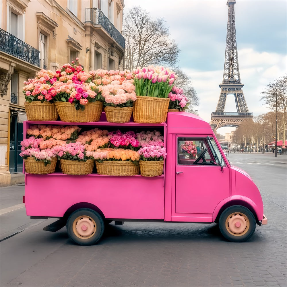 Paris Backdrops Pink Flower Truck Eiffel Tower Paris Backdrop UK LXX59-73