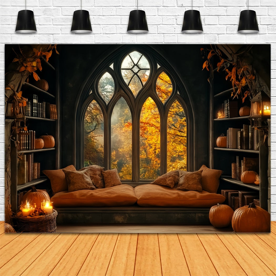 Halloween Backdrop Cozy Pumpkin Window Library Halloween Photo Backdrop UK LXX59-80