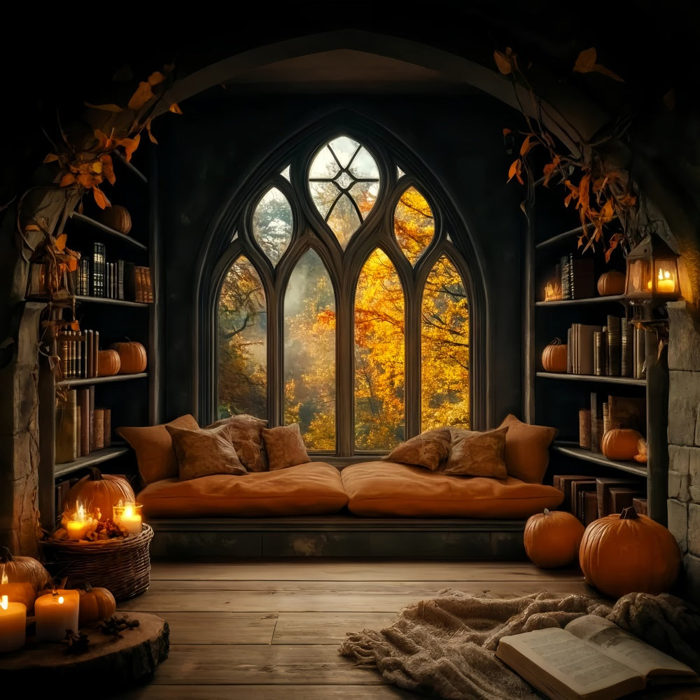 Halloween Backdrop Cozy Pumpkin Window Library Halloween Photo Backdrop UK LXX59-80