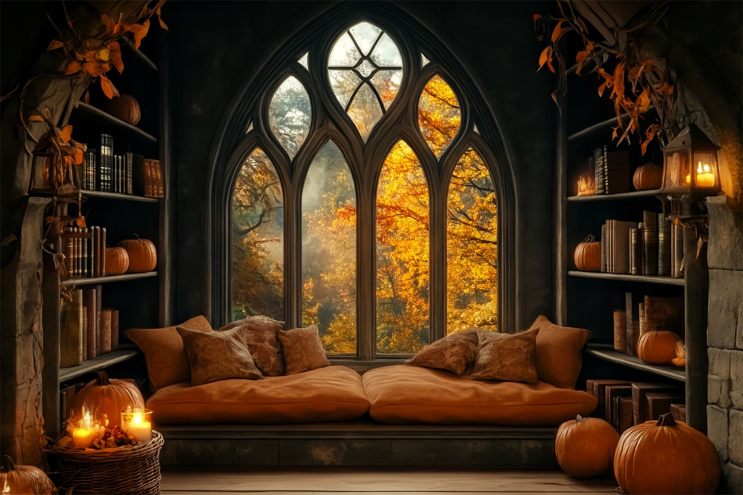 Halloween Backdrop Cozy Pumpkin Window Library Halloween Photo Backdrop UK LXX59-80