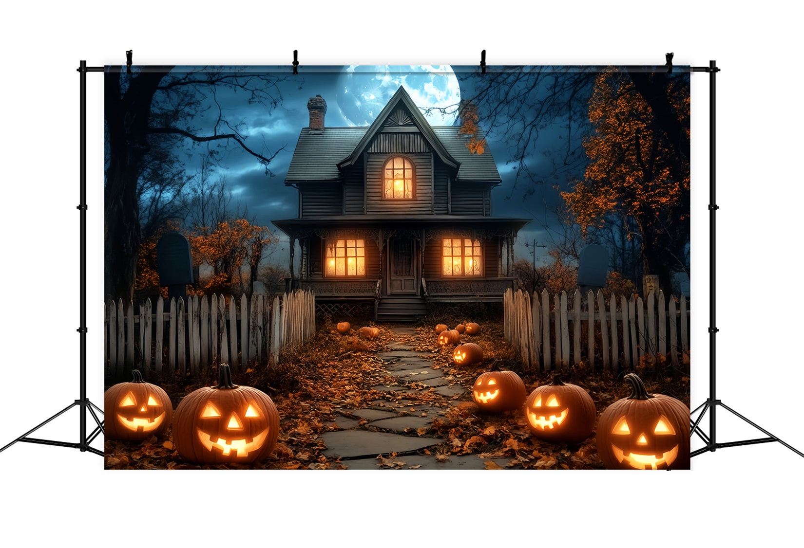 Halloween Moon Backdrop Haunted House Pumpkin Lanterns Halloween Backdrop UK LXX59-81