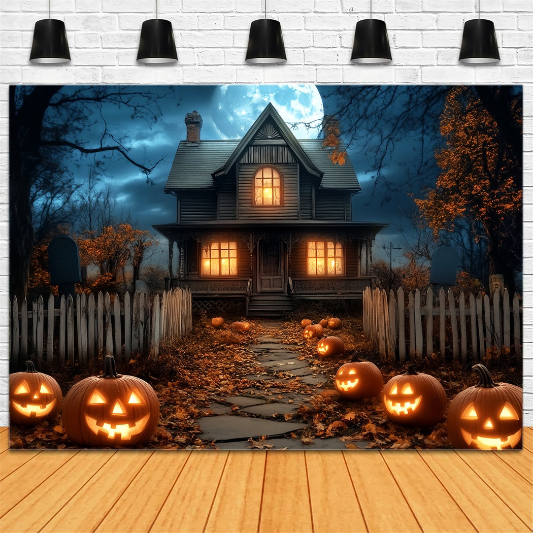 Halloween Moon Backdrop Haunted House Pumpkin Lanterns Halloween Backdrop UK LXX59-81