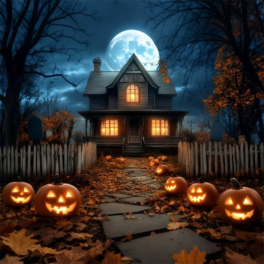 Halloween Moon Backdrop Haunted House Pumpkin Lanterns Halloween Backdrop UK LXX59-81