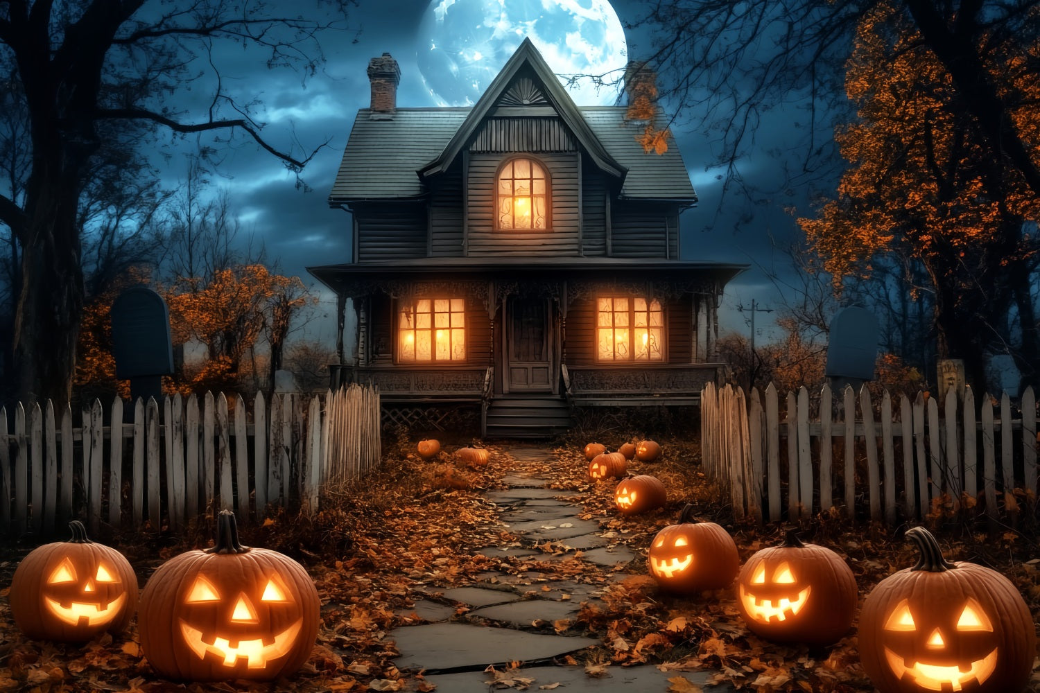 Halloween Moon Backdrop Haunted House Pumpkin Lanterns Halloween Backdrop UK LXX59-81