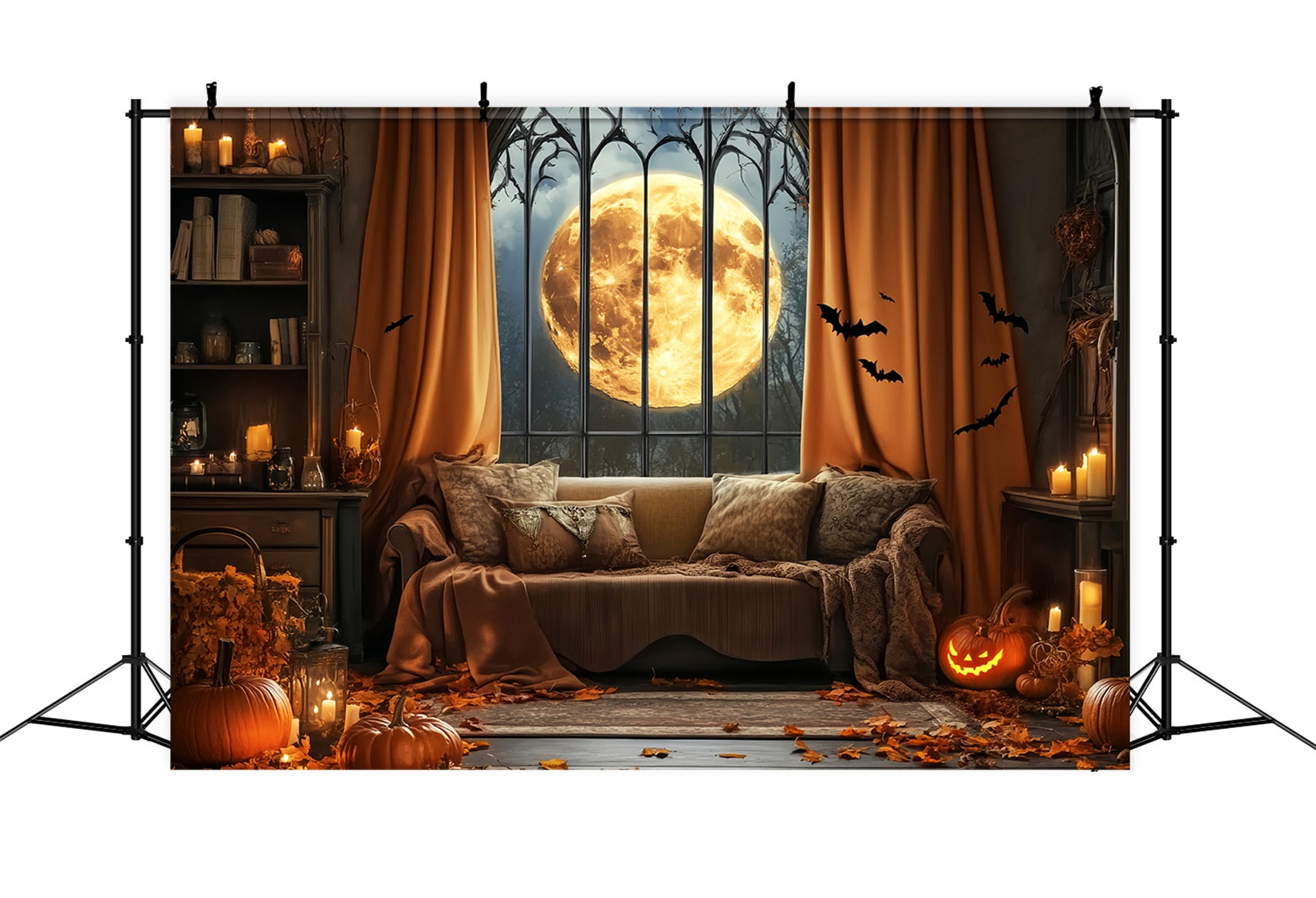 Halloween Bat Backdrop Full Moon Gothic Window Bats Halloween Backdrop Ideas UK LXX59-82