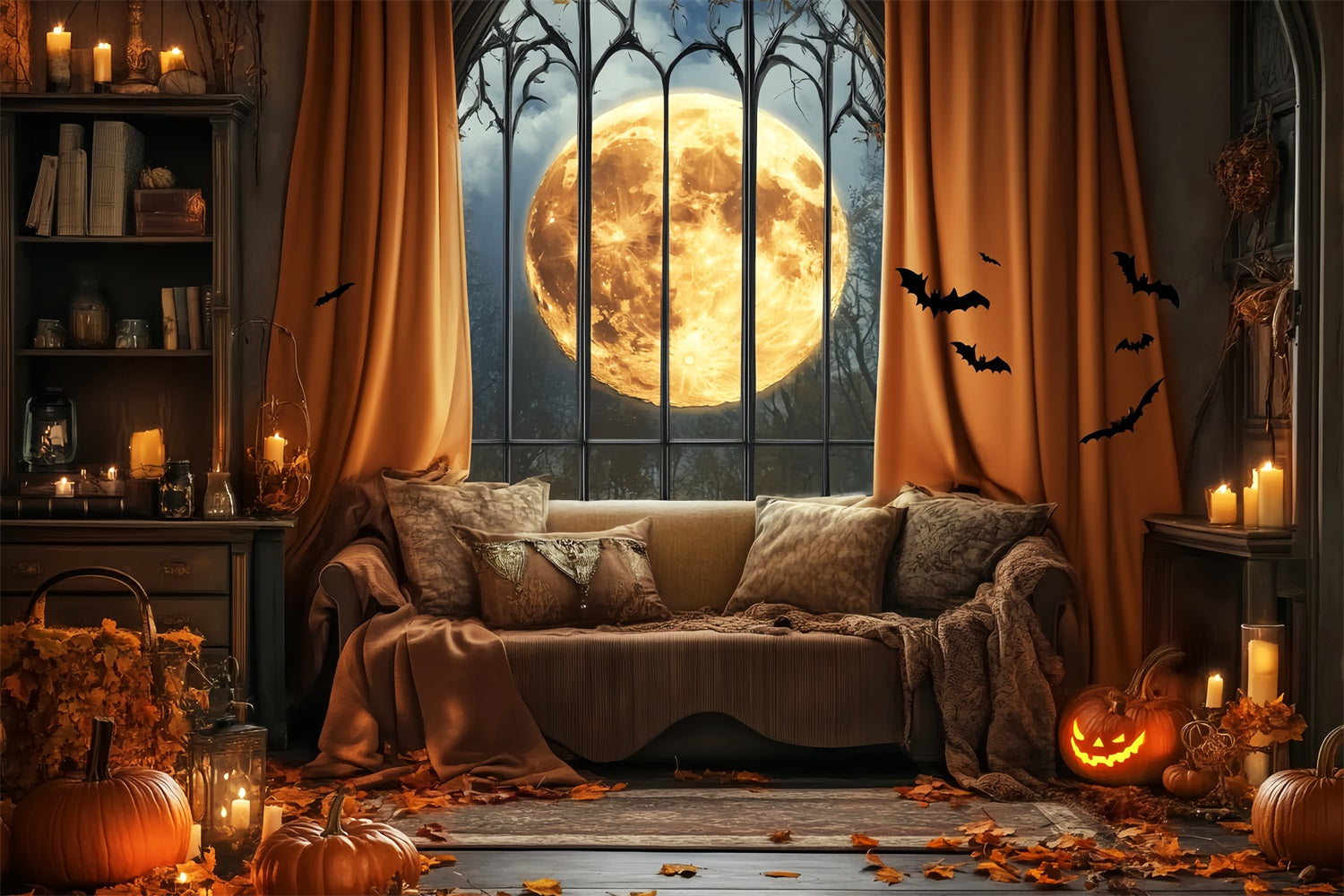 Halloween Bat Backdrop Full Moon Gothic Window Bats Halloween Backdrop Ideas UK LXX59-82