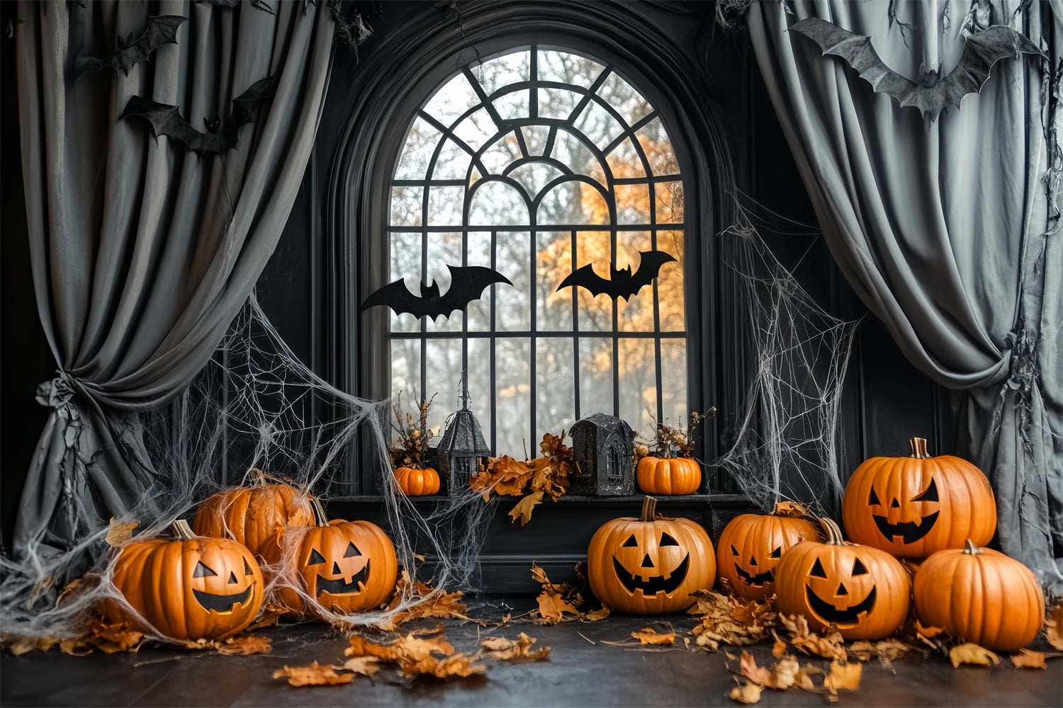 Halloween Spider Backdrop Pumpkin Bats Cobweb Window Halloween Backdrops UK LXX59-84