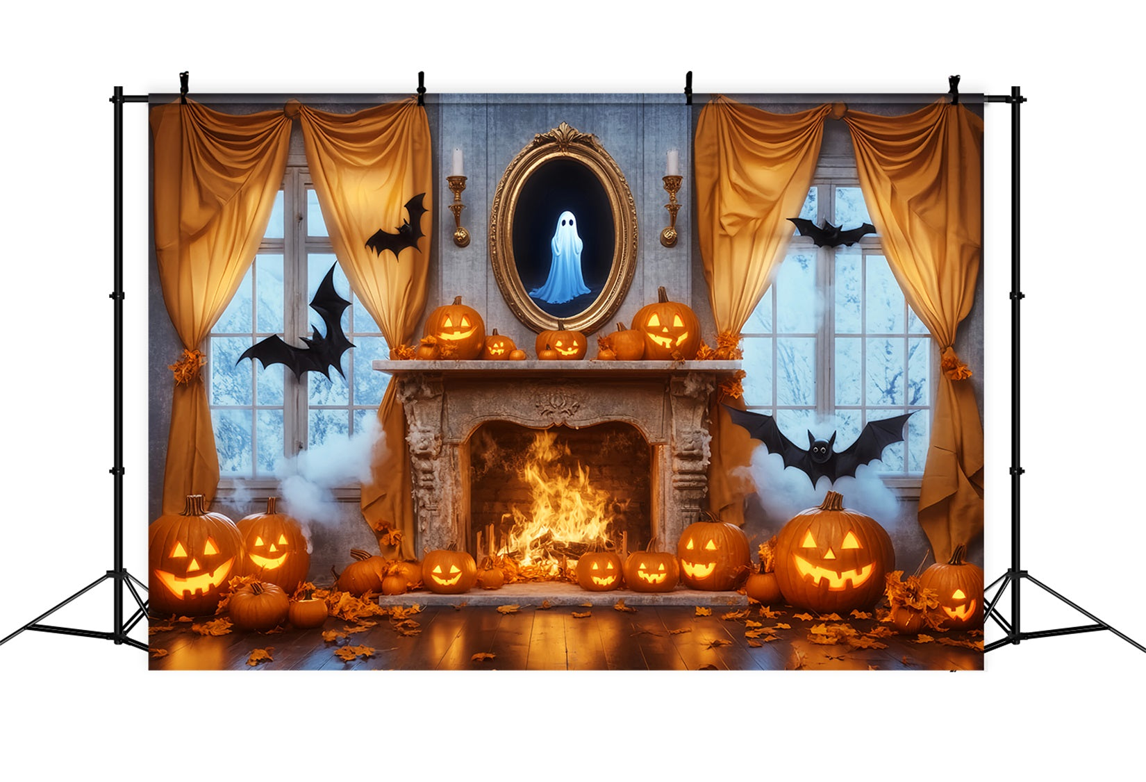 Ghost Backdrop Mirror Fireplace Pumpkins Ghost Halloween Picture Backdrop UK LXX59-85