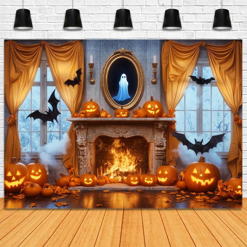 Ghost Backdrop Mirror Fireplace Pumpkins Ghost Halloween Picture Backdrop UK LXX59-85