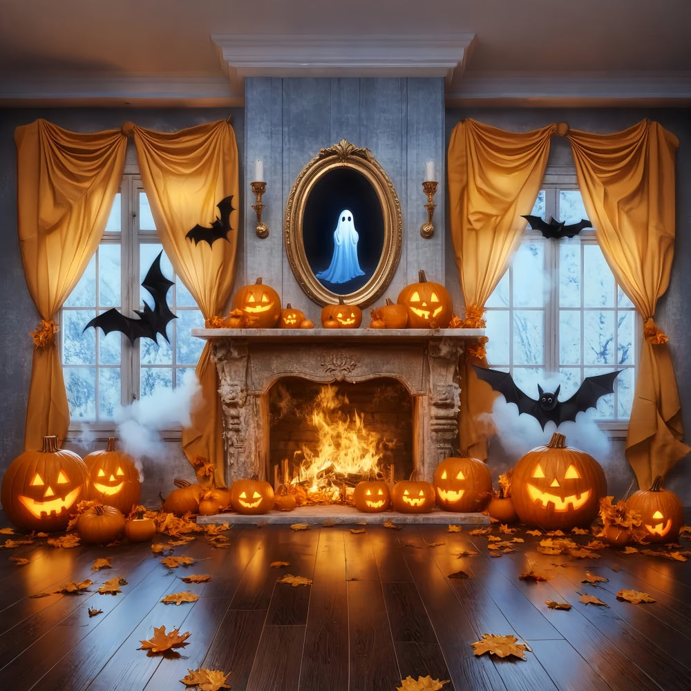 Ghost Backdrop Mirror Fireplace Pumpkins Ghost Halloween Picture Backdrop UK LXX59-85